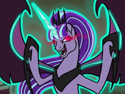 Size: 1032x774 | Tagged: safe, artist:melspyrose, character:starlight glimmer, species:alicorn, species:pony, alicornified, clothing, demon, evil, evil grin, fangs, glowing horn, grin, horn, jewelry, looking at you, necklace, open mouth, race swap, shoes, smiling, smiling at you, sombra eyes, starlicorn, this will end in communism, xk-class end-of-the-world scenario