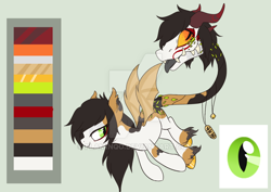 Size: 800x567 | Tagged: safe, artist:glitterring, oc, oc only, augmented tail, bat wings, cow plant pony, deviantart watermark, fangs, female, hoof fluff, hoof polish, horn, monster pony, obtrusive watermark, original species, plant, plant pony, reference sheet, simple background, slit eyes, tongue out, watermark, wings