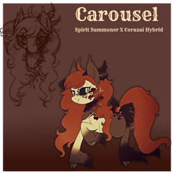 Size: 800x800 | Tagged: safe, artist:glitterring, oc, oc only, oc:carousel, species:demon pony, species:pony, bow, bust, cloven hooves, demon, duo, female, freckles, hoof fluff, horn, mare, original species, raised hoof, reference sheet, smiling, tail bow