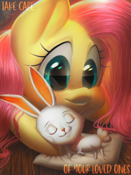 Size: 2128x2840 | Tagged: safe, artist:klooda, character:angel bunny, character:discord, character:fluttershy, species:pegasus, species:pony, blushing, detailed, duo focus, eyes closed, lying down, nap, pet, pillow, realistic, sleeping, smiling, wooden floor