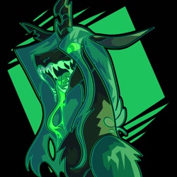 Size: 1000x1000 | Tagged: safe, artist:rockin_candies, character:queen chrysalis, species:changeling, abstract background, changeling queen, drool, fangs, female, grin, horn, open mouth, smiling, solo, swirly eyes, tongue out