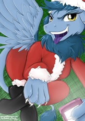 Size: 905x1280 | Tagged: safe, artist:sonicsweeti, oc, oc only, oc:rainy, species:griffon, cellphone, christmas, clothing, commission, costume, digital art, griffon oc, holiday, looking at you, paws, phone, santa costume, smartphone, solo, tail, tongue out, wings