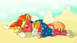 Size: 2560x1440 | Tagged: safe, artist:fuzzypones, character:big mcintosh, character:sunburst, species:earth pony, species:pony, species:unicorn, clothing, colored, cuddling, cute, dawwww, duo, facial hair, gay, lying down, macburst, male, robe, shipping, simple background, sleeping, snuggling, stallion, sunburst's robe