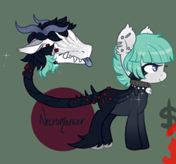 Size: 329x307 | Tagged: safe, artist:glitterring, oc, oc only, augmented tail, collar, cow plant pony, ear fluff, ear piercing, fangs, hoof fluff, horn, monster pony, original species, piercing, plant, plant pony, tongue out