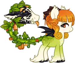 Size: 312x263 | Tagged: safe, artist:glitterring, oc, oc only, oc:golden harvest, augmented tail, bat wings, bow, cow plant pony, ear fluff, eyelashes, fangs, hair bow, hoof fluff, hoof polish, makeup, monster pony, original species, plant, plant pony, simple background, smiling, tongue out, transparent background, vine, wings
