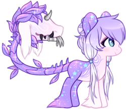 Size: 302x262 | Tagged: safe, artist:glitterring, oc, oc only, augmented tail, cow plant pony, fangs, forked tongue, hoof fluff, horn, makeup, monster pony, original species, plant, plant pony, simple background, smiling, starry hair, thorns, tongue out, transparent background