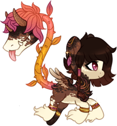 Size: 286x308 | Tagged: safe, artist:glitterring, oc, oc only, augmented tail, bracelet, chest fluff, cow plant pony, ear piercing, fangs, hoof fluff, horn, jewelry, monster pony, original species, piercing, plant, plant pony, simple background, smiling, thorns, tongue out, transparent background, wings