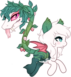 Size: 271x296 | Tagged: safe, artist:glitterring, oc, oc only, augmented tail, bat wings, cow plant pony, ear fluff, fangs, food, forked tongue, hoof fluff, monster pony, original species, plant, plant pony, simple background, slit eyes, starry hair, strawberry, tongue out, transparent background, wings