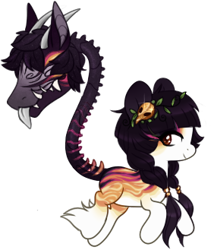 Size: 282x329 | Tagged: safe, artist:glitterring, oc, oc only, augmented tail, braid, cow plant pony, ear fluff, fangs, hoof fluff, horn, monster pony, original species, plant, plant pony, simple background, skull, smiling, thorns, tongue out, transparent background