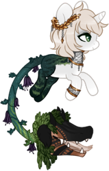 Size: 239x376 | Tagged: safe, artist:glitterring, oc, oc only, augmented tail, bracelet, choker, cow plant pony, ear fluff, fangs, forked tongue, hoof fluff, horn, jewelry, laurel wreath, monster pony, open mouth, original species, plant, plant pony, simple background, slit eyes, smiling, tongue out, transparent background