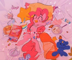 Size: 2048x1706 | Tagged: safe, artist:poneko-chan, character:pinkie pie, species:earth pony, species:pony, batter, bear, candy, cookie, cute, diapinkes, eyes closed, female, food, fork, happy birthday, heart, lollipop, open mouth, pancakes, pinkie pie's birthday, plate, plushie, solo, ursa, ursa minor