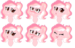 Size: 1280x818 | Tagged: safe, artist:glitterring, oc, oc only, oc:peach meadow, species:earth pony, species:pony, :o, angry, blep, blushing, bust, earth pony oc, expressions, eyes closed, female, mare, open mouth, simple background, smiling, solo, tongue out, transparent background