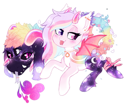 Size: 1280x1064 | Tagged: safe, artist:glitterring, oc, oc only, augmented tail, bat wings, blep, collar, cow plant pony, ear piercing, female, forked tongue, horn, monster pony, original species, piercing, plant, plant pony, simple background, slit eyes, smiling, solo, starry hair, tongue out, transparent background, wings