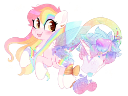 Size: 1280x961 | Tagged: safe, artist:glitterring, oc, oc only, species:pony, :d, augmented tail, bow, butterfly wings, candy, cow plant pony, eyelashes, fangs, female, food, horn, lollipop, markings, monster pony, multicolored hair, original species, pale belly, plant, plant pony, rainbow hair, simple background, smiling, socks (coat marking), tongue out, transparent background, wings