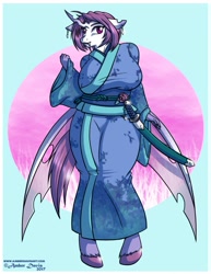 Size: 989x1280 | Tagged: safe, artist:sonicsweeti, oc, oc only, species:anthro, species:changeling, species:unguligrade anthro, breasts, changeling oc, clothing, commission, digital art, fangs, female, horn, kimono (clothing), purple changeling, solo, wings