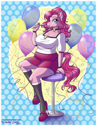 Size: 618x800 | Tagged: safe, artist:sonicsweeti, character:pinkie pie, species:anthro, species:earth pony, species:pony, breasts, busty pinkie pie, candy, chubbie pie, chubby, clothing, commission, cutie mark, digital art, female, food, high heels, horse face, lollipop, looking at you, shoes, solo