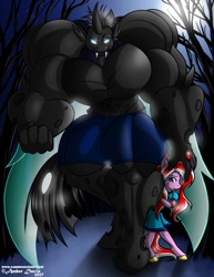 Size: 989x1280 | Tagged: safe, artist:sonicsweeti, oc, oc only, oc:ebonheart, species:anthro, species:changeling, species:earth pony, species:pony, species:unguligrade anthro, abs, biceps, changeling behemoth, changeling oc, clothing, commission, digital art, drone, fangs, female, hiding, horn, male, muscles, night, overdeveloped muscles, pecs, protecting, shorts, tail