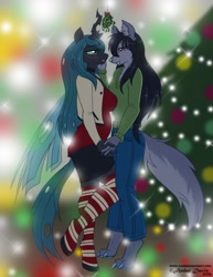 Size: 989x1280 | Tagged: safe, artist:sonicsweeti, character:queen chrysalis, oc, oc:feng, species:anthro, species:changeling, species:unguligrade anthro, species:wolf, blushing, canon x oc, changeling queen, christmas, christmas changeling, christmas lights, christmas tree, clothing, commission, digital art, fangs, female, furry, furry x canon, holiday, horn, looking at each other, mistletoe, romance, smiling, snow, snowfall, socks, striped socks, tail, thigh highs, tree, wings