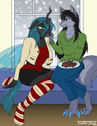 Size: 927x1200 | Tagged: safe, artist:sonicsweeti, character:queen chrysalis, oc, oc:feng, species:anthro, species:changeling, species:unguligrade anthro, species:wolf, canon x oc, changeling queen, chocolate, christmas changeling, clothing, commission, digital art, fangs, feeding, female, food, furry, furry x canon, happy, horn, looking at each other, male, plate, romance, smiling, snow, socks, strawberry, striped socks, tail, thigh highs, window, wings