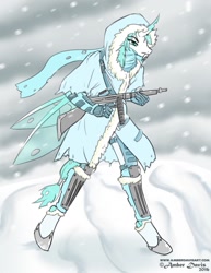 Size: 989x1280 | Tagged: safe, artist:sonicsweeti, oc, oc only, oc:seppen, species:anthro, species:changeling, species:unguligrade anthro, blizzard, clothing, commission, digital art, fangs, gun, horn, ice changeling, male, snow, snowfall, solo, tail, tommy gun, weapon, wings, winter