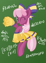 Size: 1398x1900 | Tagged: safe, artist:notadeliciouspotato, character:cheerilee, species:earth pony, species:pony, bow, chalkboard, cheeribetes, cheerileeder, cheerleader, cheerleader outfit, clothing, cute, female, gradient background, mare, math, one eye closed, open mouth, pleated skirt, pom pom, skirt, smiling, solo, teacher, wink