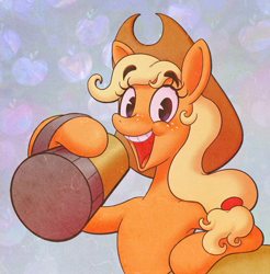 Size: 1728x1756 | Tagged: safe, artist:littmosa, character:applejack, species:earth pony, species:pony, apple background, cider, cider mug, female, looking at you, mug, open mouth, pacman eyes, solo