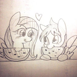Size: 640x640 | Tagged: safe, artist:kyubi, character:fluttershy, character:rainbow dash, species:pegasus, species:pony, black and white, blushing, duo, eye contact, female, floating heart, food, grayscale, heart, looking at each other, mare, monochrome, pencil drawing, spread wings, traditional art, watermelon, wings