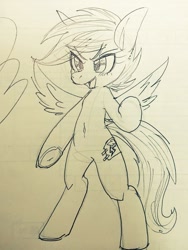Size: 768x1024 | Tagged: safe, artist:kyubi, character:scootaloo, species:pegasus, species:pony, bipedal, black and white, blank flank, fake cutie mark, female, filly, grayscale, monochrome, open mouth, pencil drawing, solo, spread wings, traditional art, underhoof, wings