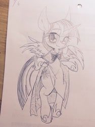 Size: 768x1024 | Tagged: safe, artist:kyubi, character:twilight sparkle, character:twilight sparkle (alicorn), species:alicorn, species:pony, bipedal, black and white, clothing, female, grayscale, hoof shoes, looking at you, mare, monochrome, pencil drawing, see-through, smiling, spread wings, traditional art, wings
