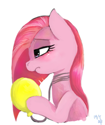 Size: 507x600 | Tagged: safe, artist:kyubi, character:pinkamena diane pie, character:pinkie pie, species:earth pony, species:pony, balloon, bust, female, frown, mare, simple background, solo, white background