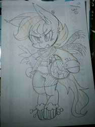 Size: 960x1280 | Tagged: safe, artist:kyubi, character:scootaloo, species:pegasus, species:pony, ball, bipedal, blushing, clothing, female, hoof boots, jacket, scarf, shirt, shorts, solo, traditional art, winter boots