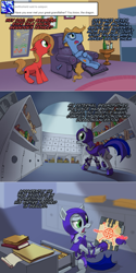 Size: 1203x2404 | Tagged: safe, artist:ruffu, oc, oc only, oc:cordovan, oc:pun, species:earth pony, species:pony, ask pun, agent 707, armor, ask, comic, duo, female, file, glasses, hoof hold, male, mare, night guard armor, stallion