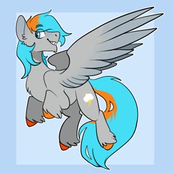 Size: 1000x1000 | Tagged: safe, artist:rockin_candies, oc, oc only, oc:shade flash, species:pegasus, species:pony, chest fluff, ear fluff, eyebrows, eyebrows visible through hair, flying, male, smiling, solo, spread wings, stallion, unshorn fetlocks, wings