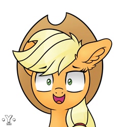 Size: 2000x2000 | Tagged: safe, artist:yelowcrom, character:applejack, species:earth pony, species:pony, bust, clothing, cute, ear fluff, female, hat, jackabetes, looking at you, mare, open mouth, portrait, simple background, solo, white background, wide eyes, wtf