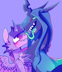 Size: 868x1000 | Tagged: safe, artist:rockin_candies, character:queen chrysalis, character:twilight sparkle, character:twilight sparkle (alicorn), species:alicorn, species:changeling, species:pony, ship:twisalis, blushing, changeling queen, female, forked tongue, lesbian, shipping