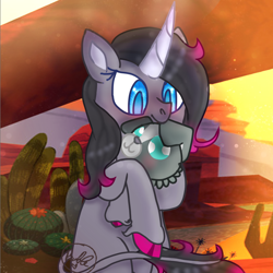 Size: 864x865 | Tagged: safe, artist:bublebee123, community related, character:oleander, species:classical unicorn, species:dog, species:pony, species:unicorn, them's fightin' herds, awwleander, blushing, cloven hooves, cute, female, hug, leonine tail, mare, puppy, sitting, solo, unshorn fetlocks