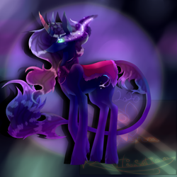 Size: 5800x5800 | Tagged: safe, artist:florarena-kitasatina/dragonborne fox, oc, oc only, oc:jules moonshade-darkov, parent:king sombra, parent:princess luna, parents:lumbra, absurd resolution, all the purple, beads, cape, cel shading, clothing, commission, curved horn, dat mane tho, dat tail tho, horn, how even, jewelry, leonine tail, multicolored hair, offspring, raised leg, regalia, shading, shadow, shooting star, signature, slit pupils, solo, sombra eyes, unshorn fetlocks, watermark