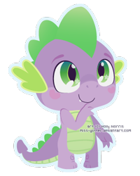 Size: 306x382 | Tagged: safe, artist:miss-glitter, character:spike, species:dragon, baby, baby dragon, blushing, chibi, cute, eyebrows, fangs, green eyes, looking up, male, outline, signature, simple background, smiling, solo, spikabetes, transparent background