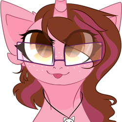 Size: 2500x2500 | Tagged: safe, artist:bublebee123, oc, oc:opacity, species:pony, species:unicorn, blep, bust, cute, ear fluff, female, freckles, glasses, jewelry, looking at you, mare, necklace, ocbetes, portrait, simple background, solo, tongue out, transparent background