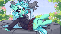 Size: 3840x2160 | Tagged: safe, artist:lakunae, character:lyra heartstrings, species:pony, species:unicorn, black hoodie, blep, bush, cheek fluff, clothing, crossed legs, cute, dig the swell hoodie, ear fluff, eyebrows, featured on derpibooru, female, flower, fountain, hoodie, leaning back, leg fluff, looking at you, lyrabetes, mare, park, seal, sexy, sitting, sitting lyra, skirt, solo, statue, tongue out, water