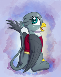 Size: 2000x2500 | Tagged: safe, artist:litrojia, character:gabby, species:griffon, abstract background, clothing, cute, female, gabbybetes, happy, high res, hoodie, looking at you, sitting, smiling, solo