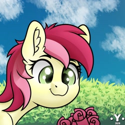 Size: 2000x2000 | Tagged: safe, artist:yelowcrom, character:roseluck, species:earth pony, species:pony, bush, bust, cloud, cute, cuteluck, ear fluff, female, flower, mare, portrait, rose, sky, solo
