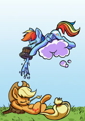 Size: 2481x3507 | Tagged: safe, artist:jimmyjamno1, character:applejack, character:rainbow dash, species:earth pony, species:pegasus, species:pony, applejack's hat, bucket, clothing, cloud, cowboy hat, crossed legs, duo, female, hat, mare, prank, rainbow douche, sleeping, straw in mouth, this will not end well, tree stump, water