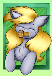 Size: 1507x2209 | Tagged: safe, artist:darklight1315, character:derpy hooves, species:pegasus, species:pony, chest fluff, cute, ditzy doo, ear fluff, female, food, green background, muffin, simple background, smiley face, solo