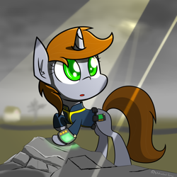 Size: 4000x4000 | Tagged: safe, artist:professionalpuppy, oc, oc only, oc:littlepip, species:pony, species:unicorn, fallout equestria, clothing, cloud, cloudy, crepuscular rays, fanfic, fanfic art, female, hooves, horn, looking up, mare, overcast, pipbuck, raised hoof, solo, vault suit, wasteland