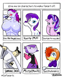 Size: 1440x1696 | Tagged: safe, artist:zokoira, character:rarity, character:starlight glimmer, species:anthro, species:bird, species:chicken, species:human, species:pony, species:unicorn, anthro with ponies, bedroom eyes, blushing, bust, clothing, crossover, dragon quest (game), eyelashes, frog (hoof), horseshoes, katana, kon the knight, makeup, male, misty (my life as a teenage robot), muscles, my life as a teenage robot, one eye closed, open mouth, panting, raised hoof, samurai jack, six fanarts, stallion, sword, underhoof, weapon, wink
