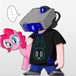 Size: 300x300 | Tagged: safe, artist:zokoira, character:pinkie pie, species:earth pony, species:human, species:pony, ..., clothing, controller, crossover, duo, female, holding a pony, jenny wakeman, mare, my life as a teenage robot, simple background, smiling