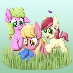 Size: 2250x2250 | Tagged: safe, artist:litrojia, character:daisy, character:lily, character:lily valley, character:roseluck, species:earth pony, species:pony, :o, butterfly, chest fluff, cute, dandelion, dirt, ear fluff, female, filly, flower, flower trio, gradient background, grass, high res, large ears, nudge, open mouth, poison joke, rock, smiling, this will end in tears, this will not end well, trio, younger