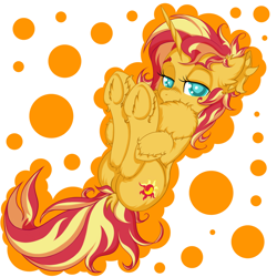 Size: 2500x2500 | Tagged: safe, artist:rurihal, character:sunset shimmer, species:pony, species:unicorn, chest fluff, cute, ear fluff, female, hoof fluff, hoof hold, impossibly large chest fluff, legs in air, lidded eyes, mare, shimmerbetes, simple background, solo, unshorn fetlocks