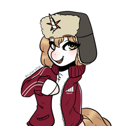 Size: 3000x3000 | Tagged: safe, artist:cyberafter, oc, oc only, oc:emy, species:earth pony, species:pony, adidas, clothing, cyrillic, hat, jacket, russian, simple background, solo, transparent background, ushanka